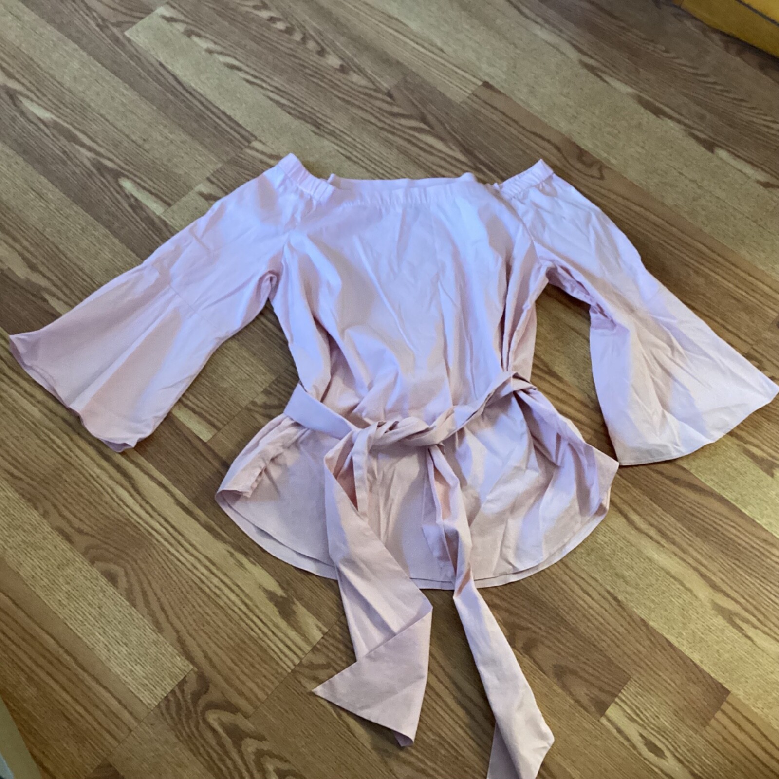 White House Black Market Pink 3/4 Bell Sleeve Off Shoulder Belted Blouse Size L