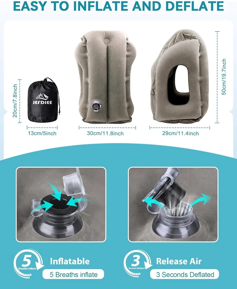 Inflatable Neck Pillow for Travel Car Office Airplane Train Support Grey  