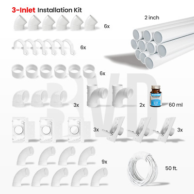 Central Vacuum White Full Door 3 Inlet Rough-In Installation SUPERKIT 64 Ft Pipe