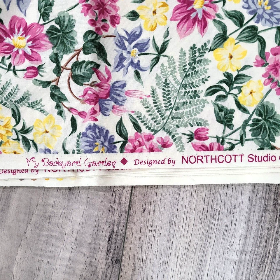 Northcott Studios BACKYARD GARDEN Floral Rosa Amarillo Azul Verde Tela 6.2yds Foto 2 de 4