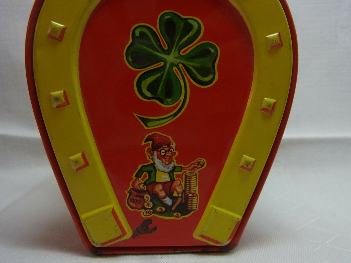 Vintage German Tin Money Bank Lucky Horseshoe Pig Gnome Chimney