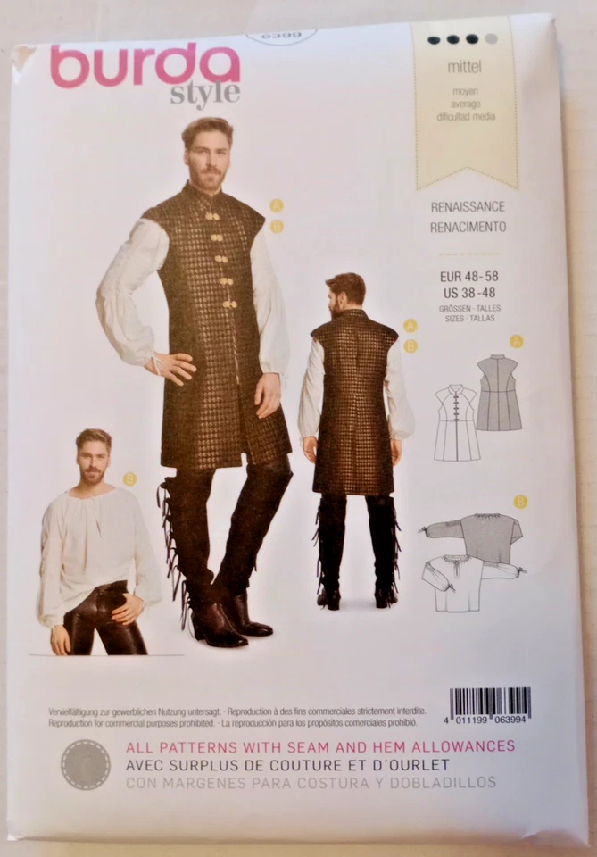 Burda Pattern Men's Historical Frock Renaissance Shirt & Waistcoat Costume #6399 - Image 2 of 4