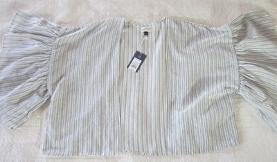 Universal Thread Womens Kimono OSFM White/Blue Stripe Linen Blend Ruffle Sleeve