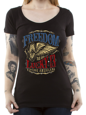 Lucky 13 Freedom Wheel Motorcycle Biker Punk Goth Tattoo V Neck T