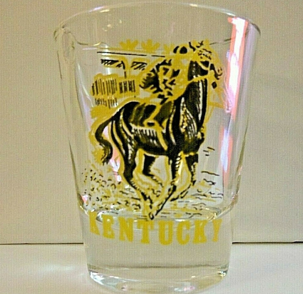 "KENTUCKY" SHOT GLASS WITH HORSE AND RIDER! READY FOR THE DERBY? THANKS eBay