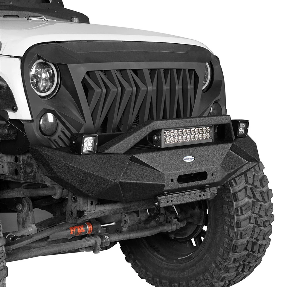 Cubierta de parachoques delantero de acero con placa de cabrestante y luces para Jeep Wrangler JK 2007-2018 Foto 2 de 4