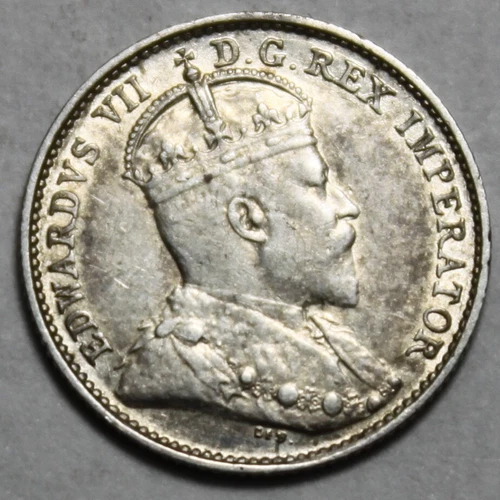 Canada 1909 Round Leaves Silver 5 Cents, High EF Grade, King Edward VII (C296)