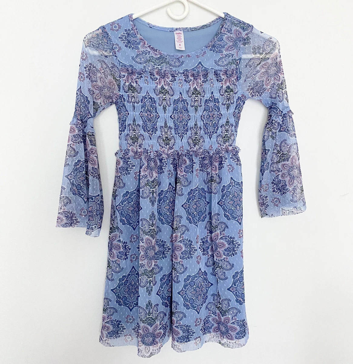 Justice Girls Blue Floral Dress Long Bell Sleeves Lined Size 8 Boho
