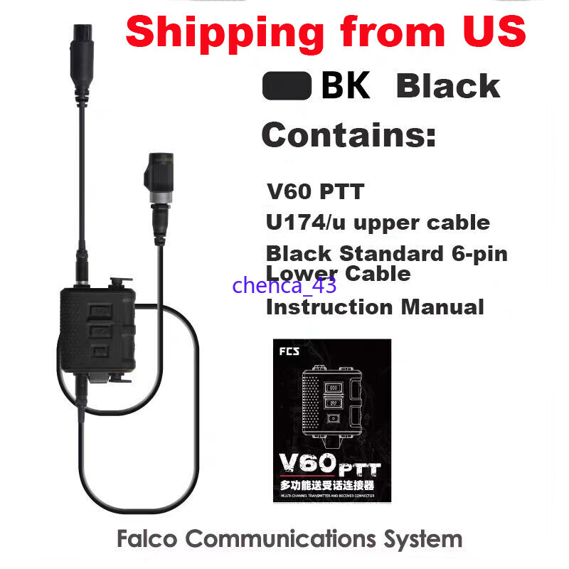 US! Black FCS V60 Dual-Channel Tactical PTT Headset for Prc148 152 Walkie-Talkie