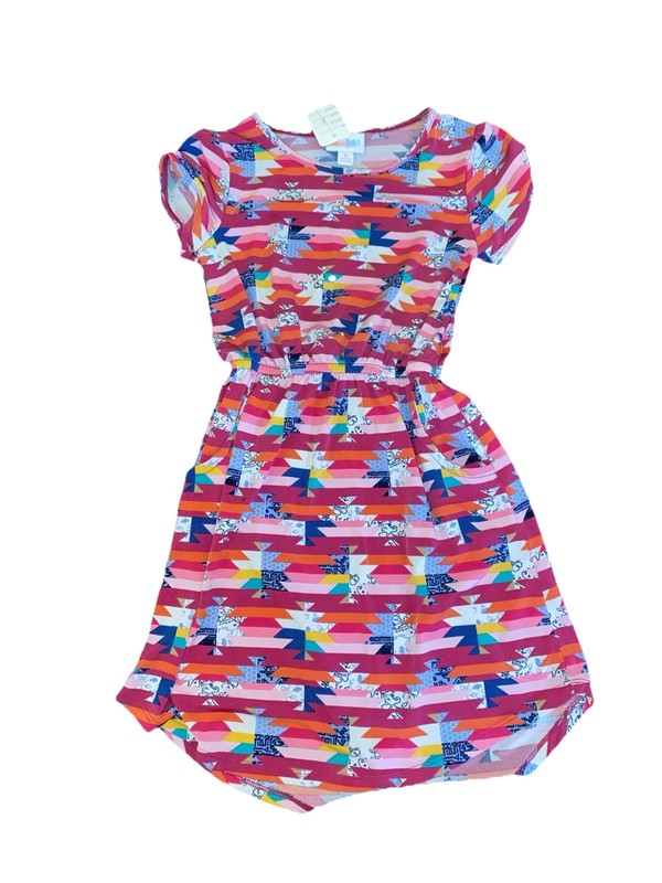 LuLaRoe Mae Dress Girls Size 8 Multicolor Bold Geometric Print Short Sleeve