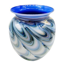 Hand Blown Art Glass Vase Blue Swirl Feather Pattern Studio Glass 6.5"