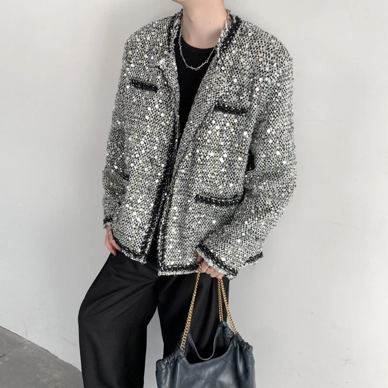 Men's Short Collarless Jacket Nightclub Stage Sequin Shoulder Wool Suit Jackets - Image 3 of 4