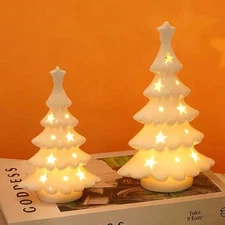 2 Pcs Light Up White Ceramic Christmas Trees Set of 2 Star Top Tabletop Decor
