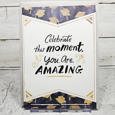 Graduation Card Blue Gold Glitter Caps Congratulations Designer Greetings