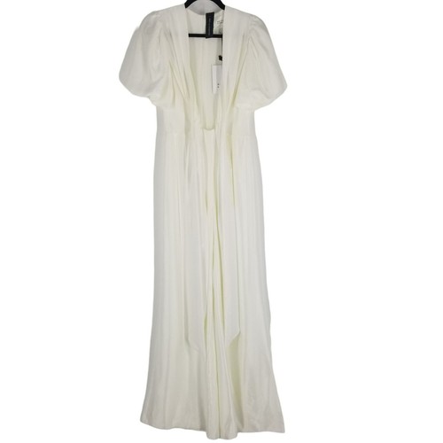 NWT Galvan London Eden Plunging Wide Leg White Satin Bridal Jumpsuit Puff Sleeve - Picture 19 of 21