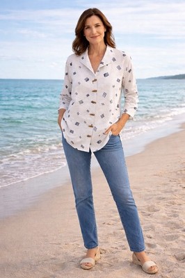Ali Miles Top Women's Lg Striped Button Up Tunic Coastal Nautical Shirt Cruise