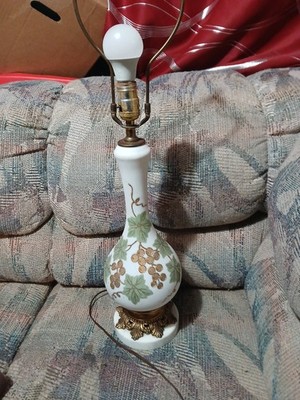 Vintage Satin Milk Glass Lamp w/Embossed Grape Vines Gold White Marble Base
