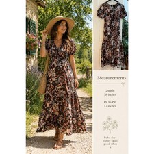 Brown Floral Puff Sleeve Maxi Dress Cottagecore Boho Prairie Dress Medium NWT