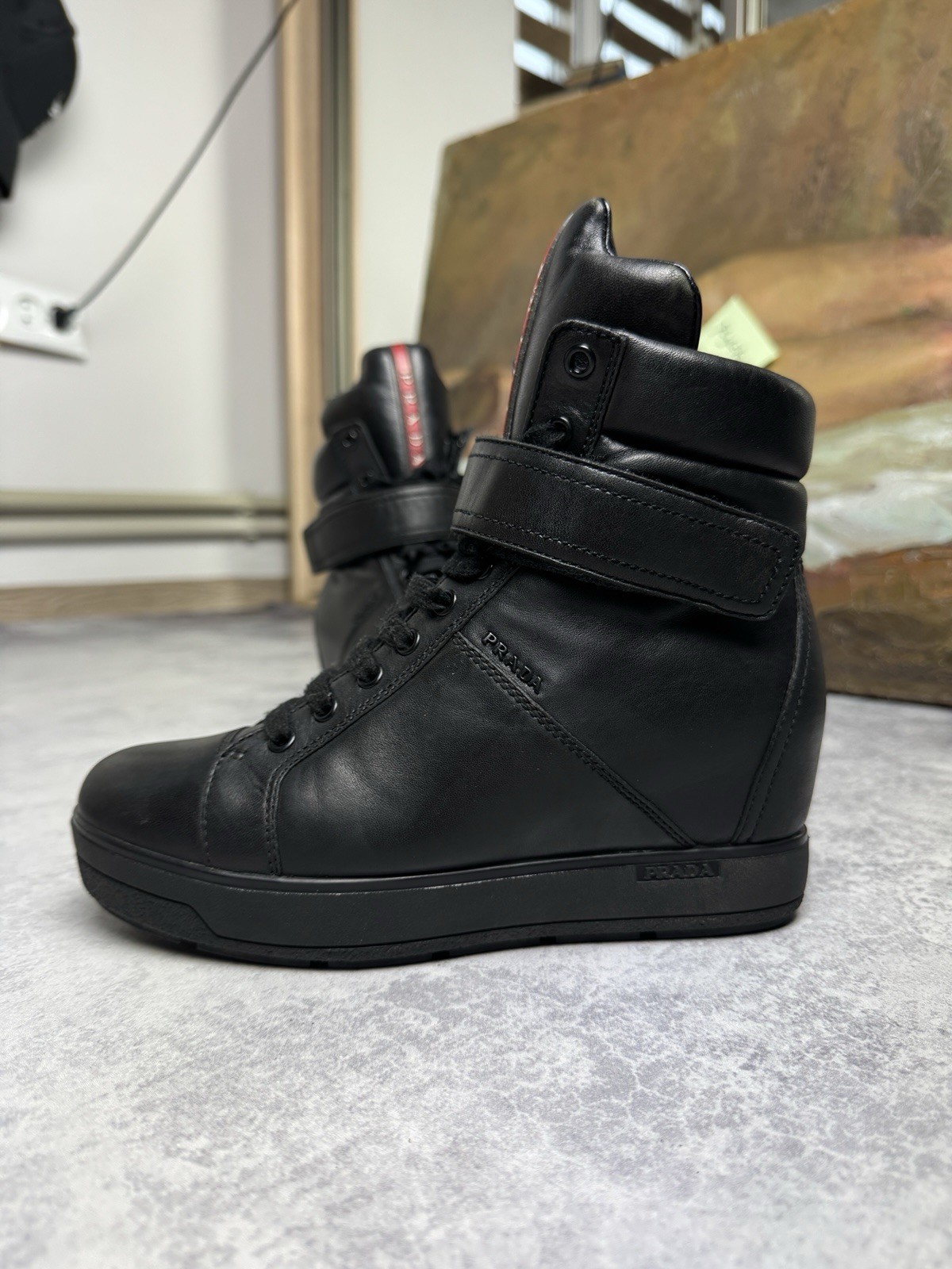 Prada Rare Vintage Runway Luxury Leather Hi Top Sneakers Boots Size 36.5 image 3