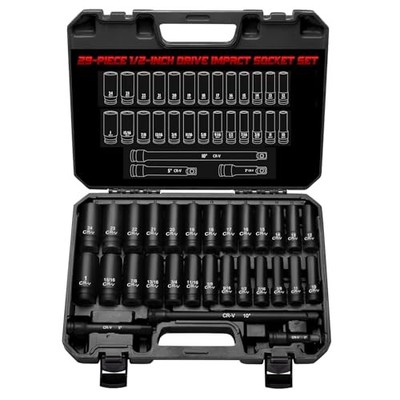 1/2'' Drive Impact Socket Set 29-Piece, Cr-V-M Steel Deep 29pcs-socket-black