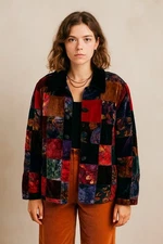 Upcycled Patchwork Jacket Womens XXL Mixed Velvet Quilted Artsy Boho Statement