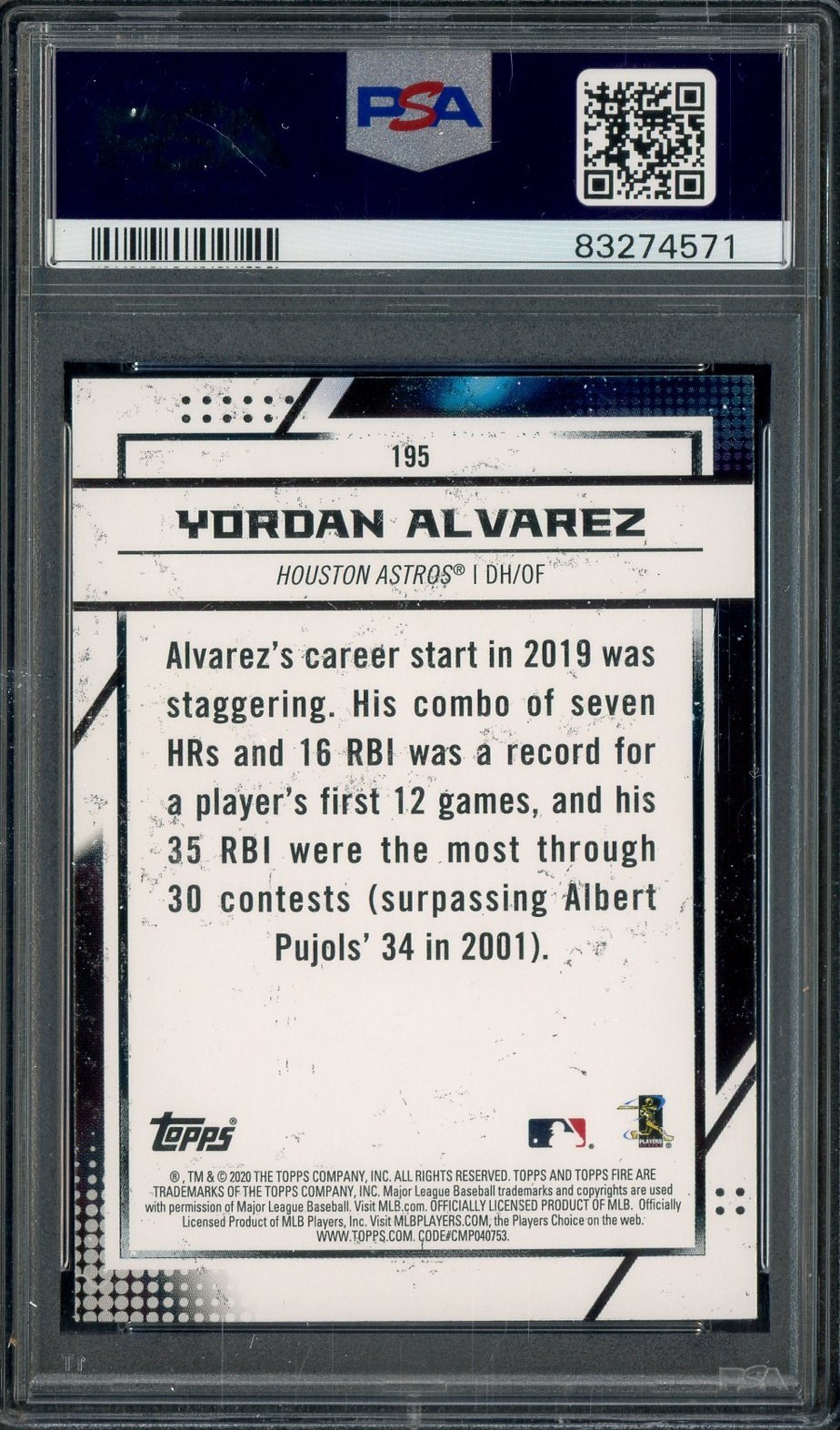 2020 Topps Fire Flame #195 Yordan Alvarez Houston Astros RC Rookie PSA 10 view 2