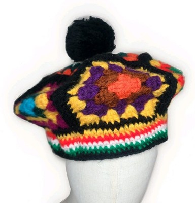 Vtg Betmar New York 70s Hat Granny Square Knit Crochet Beret‎ Black Bold Colors Cute Vintage 60s 70s Black Brown Cream Chunky Crochet Winter  main image 3