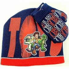 Disney Pixar Toy Story 3 Toddler Red/Navy Knit Beanie Hat & Mitten Set Sz. 2-4T