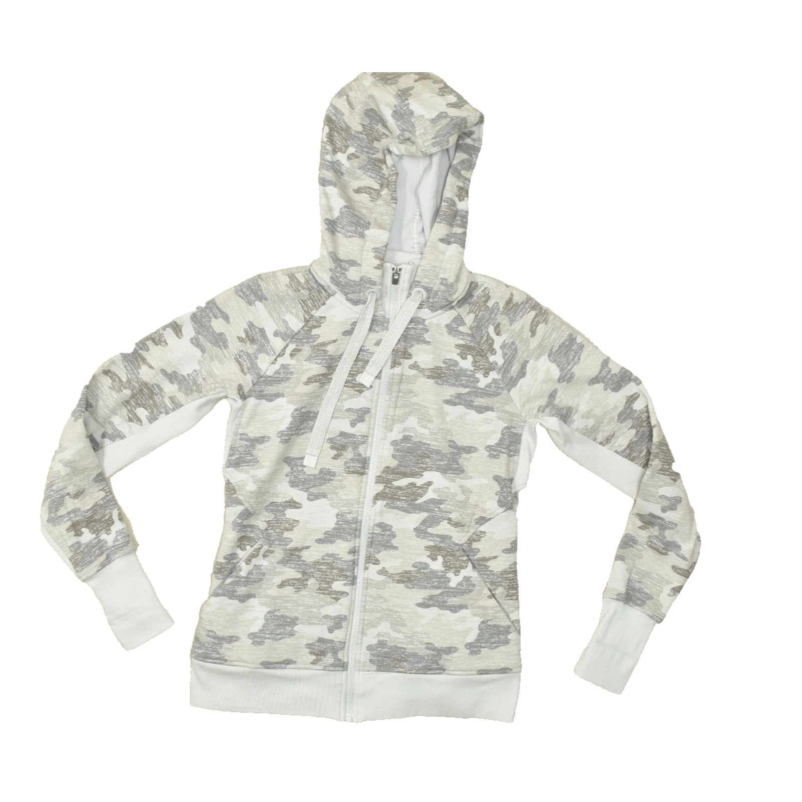 Athleta Women's Gray Camo Full Zip Jacket Hoodie Size S Thumbholes Poly Blend