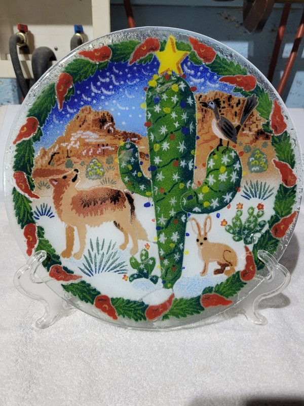 Peggy Karr Fused Glass Southwest Christmas Coyote and Cactus Plate