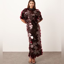 ASOS ARRANGE high neck paillette sequined fringe hem maxi dress in merlot size 2