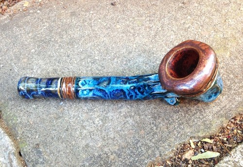 Sculpted Ceramic Pipe With Layered Frozen Pond Glazes - Handmade Studio Pottery - Picture 8 of 10
