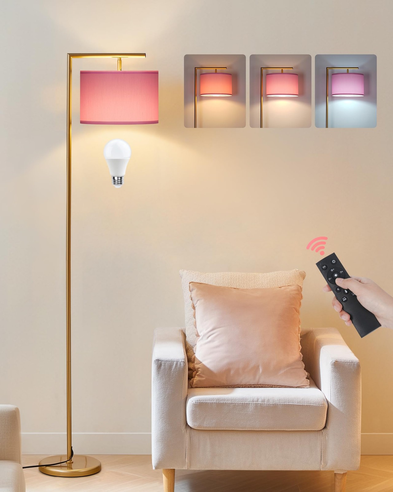 Modern Gold Arc Floor Lamp, Corner Tall Lamp with Remote, Arched Reading Ligh...