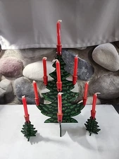 Folk Art Type Wood Christmas Tree Candle Holder Set Of 3 With Candles