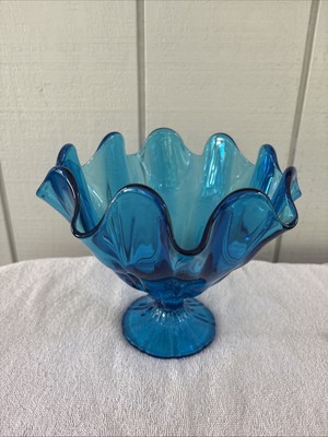 MCM L E Smith Glass Pedestal Peacock Blue Bowl With Ruffled Rim Rippled Sides 7''