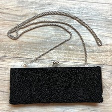Vintage La Regale Black Beaded Evening Bag Purse Silver Chain Kisslock Romantic