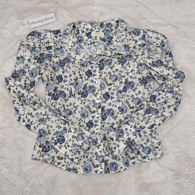 Petersyn 100% Cotton Long  Sleeve Blue Floral Blouse Women's Size S Pre-owned 