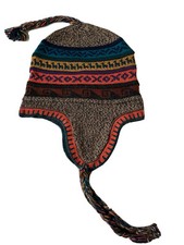 light brown w light gray adult reversible size peruvian alpaca chullo hat