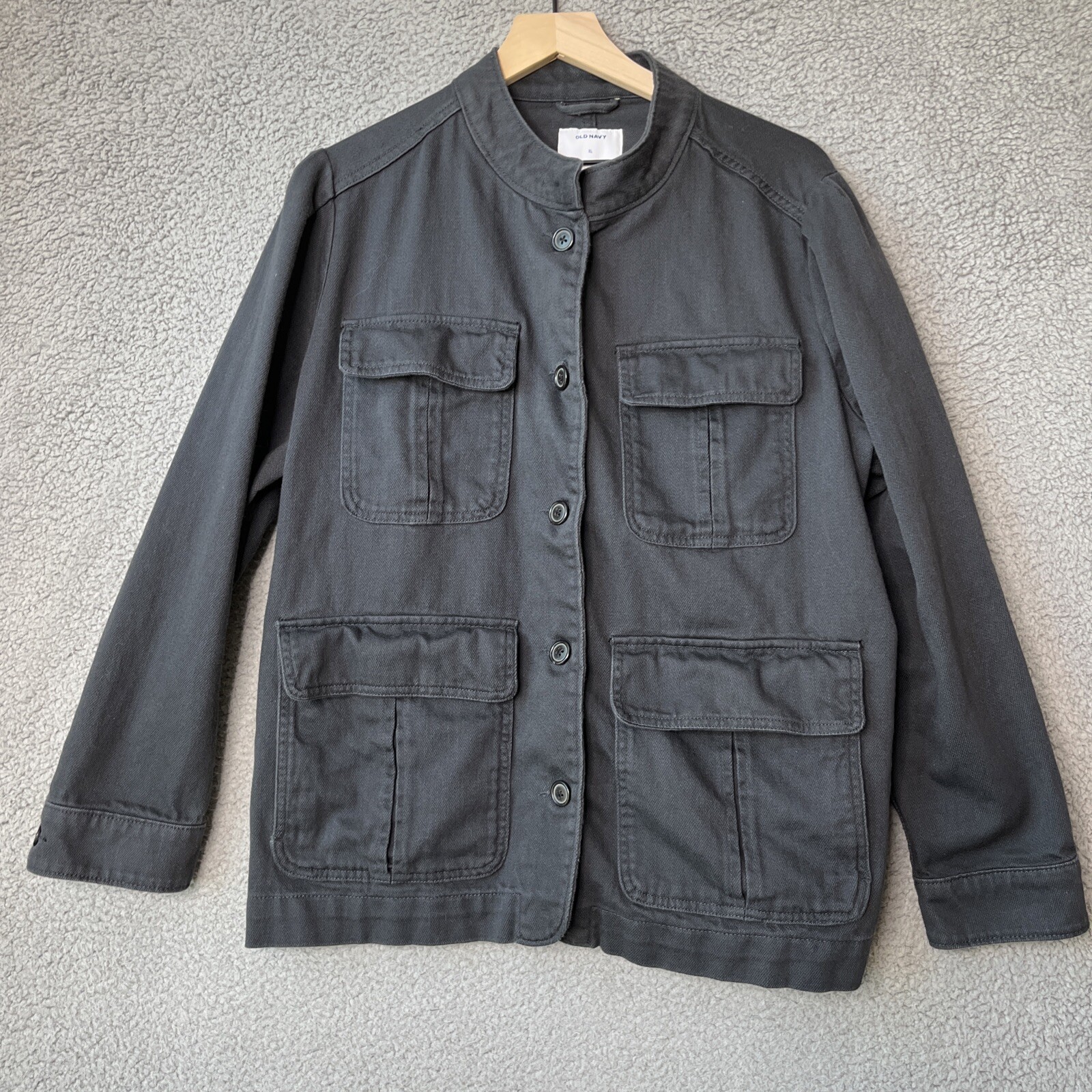 Jacket Womens XL Military Pockets Button Up Collarles Charcoal Gray Gorp Utility-image