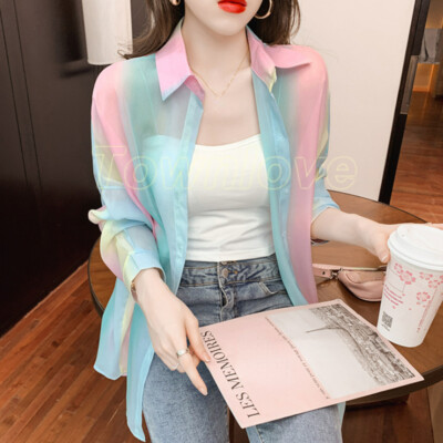Ladies Chiffon Long Sleeve Shirt Button Rainbow Gradient Color Top Chic Blouse