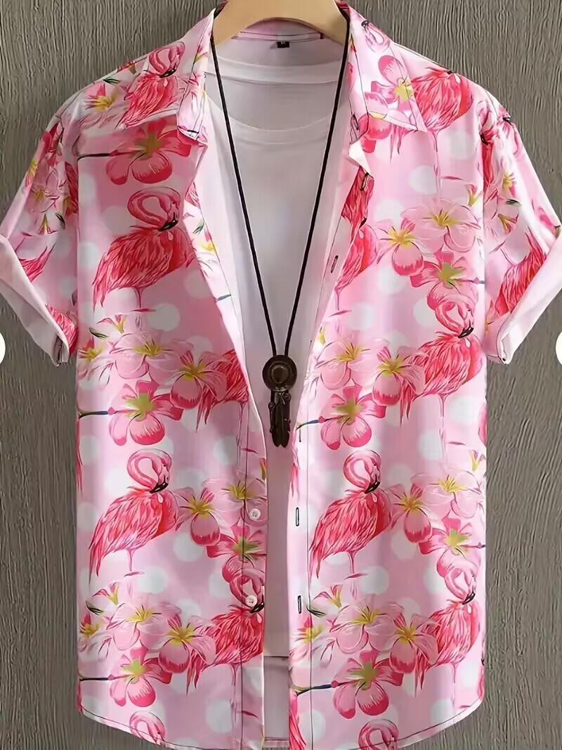Camisa Manga Corta Solapa y Botones Con Estampado De Flamencos y Hojas