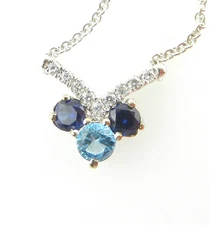 Petite 10K White Gold 10 Diamond Swiss Blue Topaz Blue Lab Sapphire Necklace 18"