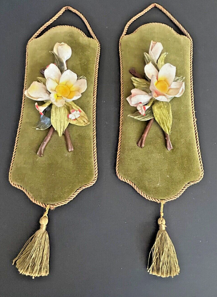 2 Vintage Napoleon Porcelain Capodimonte White Blooms Wall Hanging Made in Italy