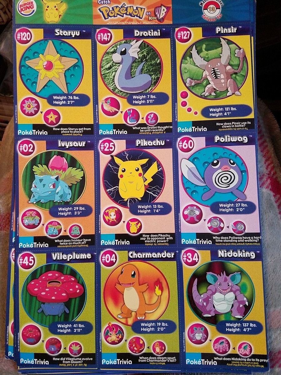 uncut burger king pokemon cards Pokmon #11 rare sheet 1999 POKEMON 1ST MOVIE CARDS 1999