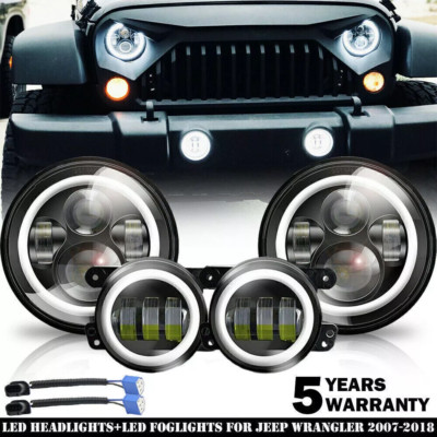 7'' Round LED Headlights + 4'' Fog Lights Combo Kit For Jeep Wrangler JK 2007-17+