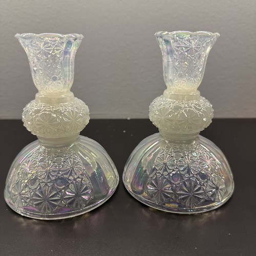 Fenton Opalescent Iridescent- Daisy & Button Candlestick Candle Holder Pair 5IN