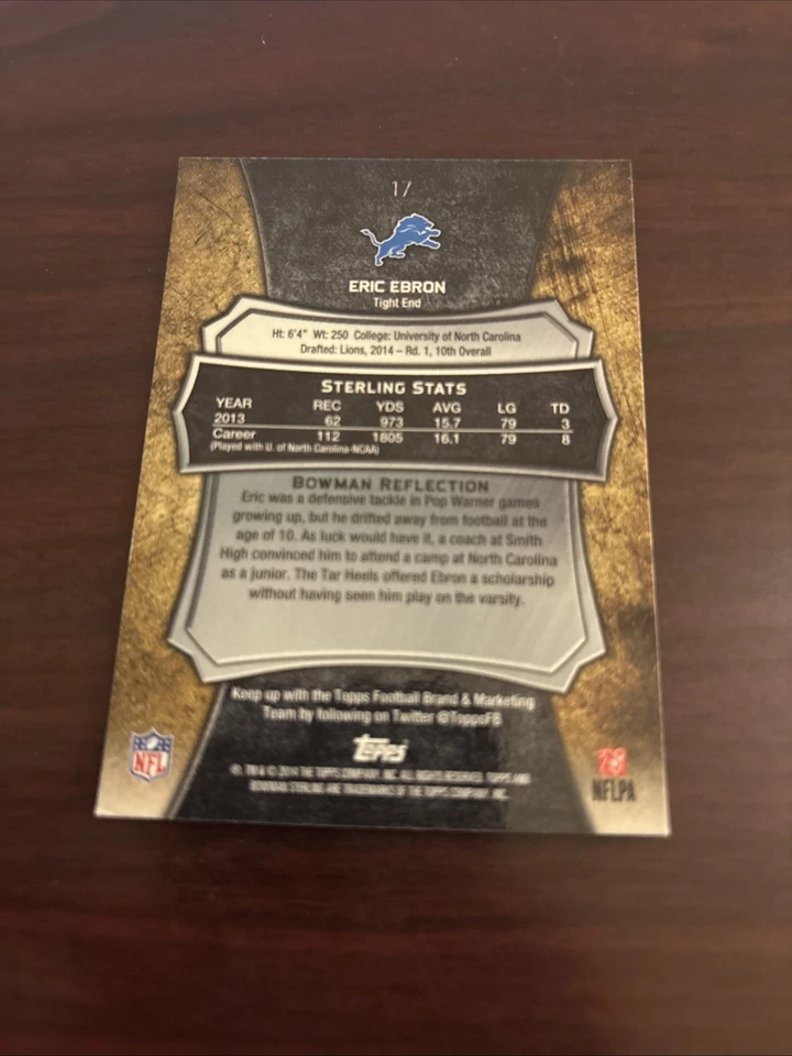 2014 Topps Sterling Eric Ebron #17 Catching RC Rookie Detroit Lions - Image 2 of 2