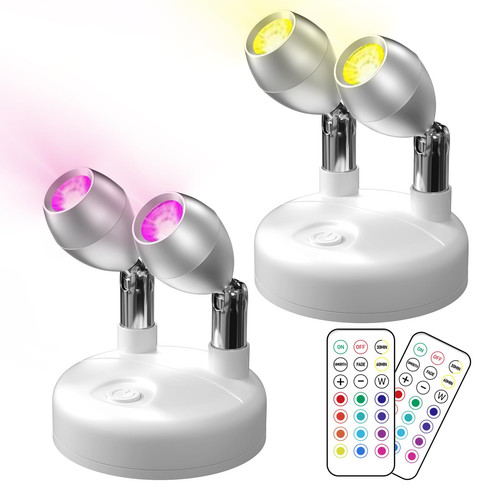 Dual-Head Battery Operated Spotlight Indoor with Remote Control, Wireless LED...