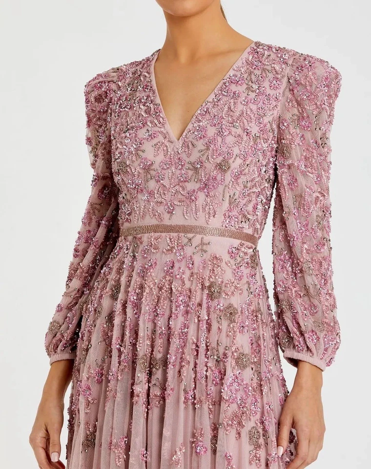 MAC DUGGAL 12 Pink Embellished VNeck A Line Maxi Gown Long Sleeve Dress 5497 NWT - Image 3 of 4