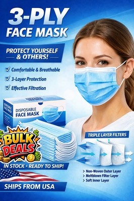 100 PCS Disposable Face Mask 3-Ply Non Medical Surgical Earloop Mouth Cover 